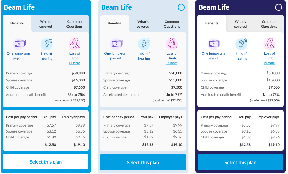 3 variations of what the card's 'default' might look like, mainly exploring color usage