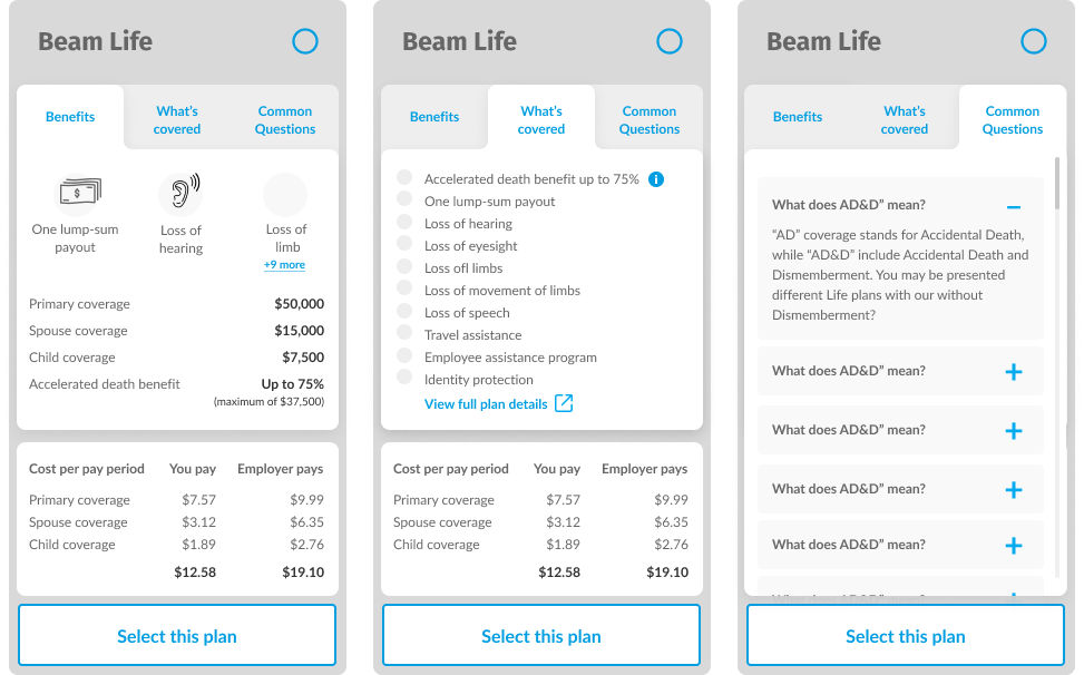 content/UI exploration of what each of the card tabes ('benefits,' 'what's covered,' 'common questions') could look like