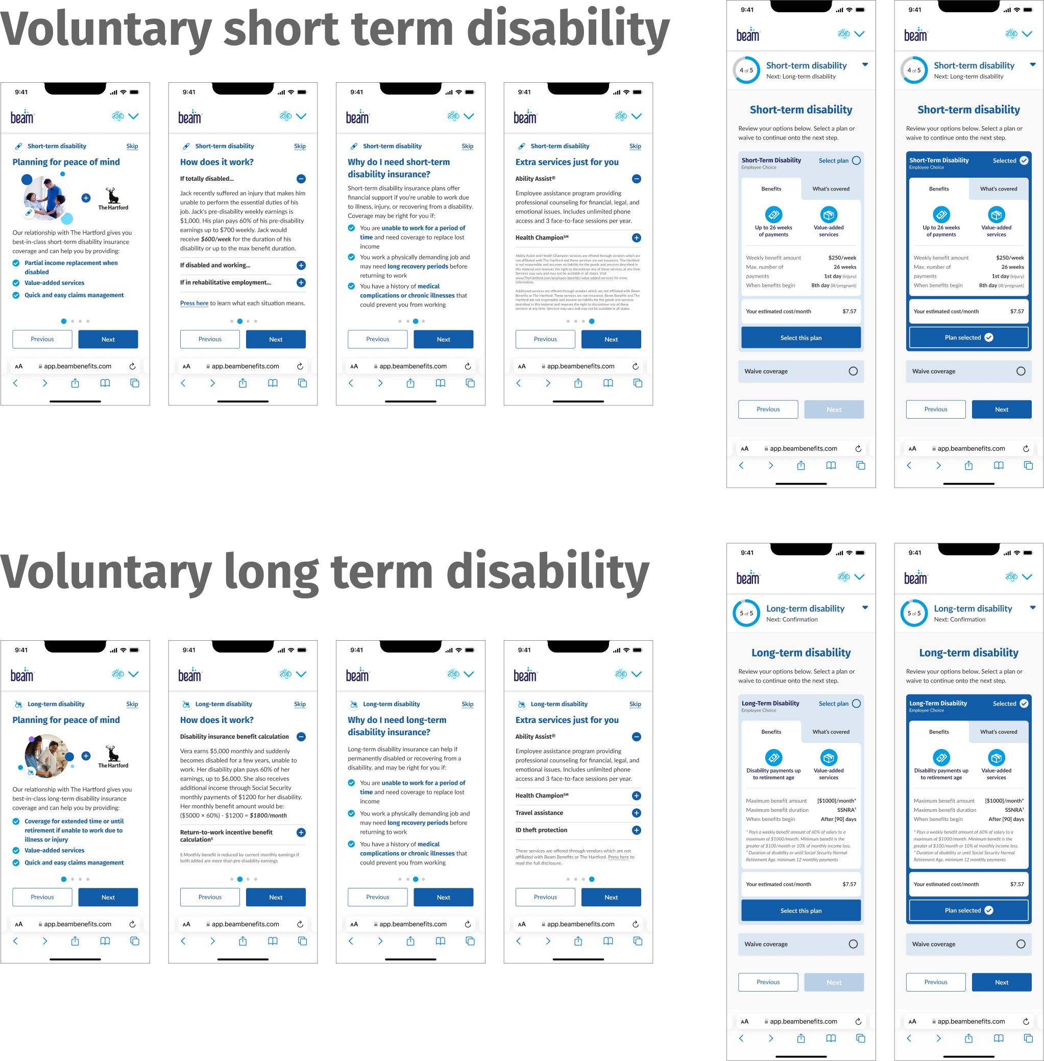 high-fidelity designs for short & long term disability carousel and plan selection screens