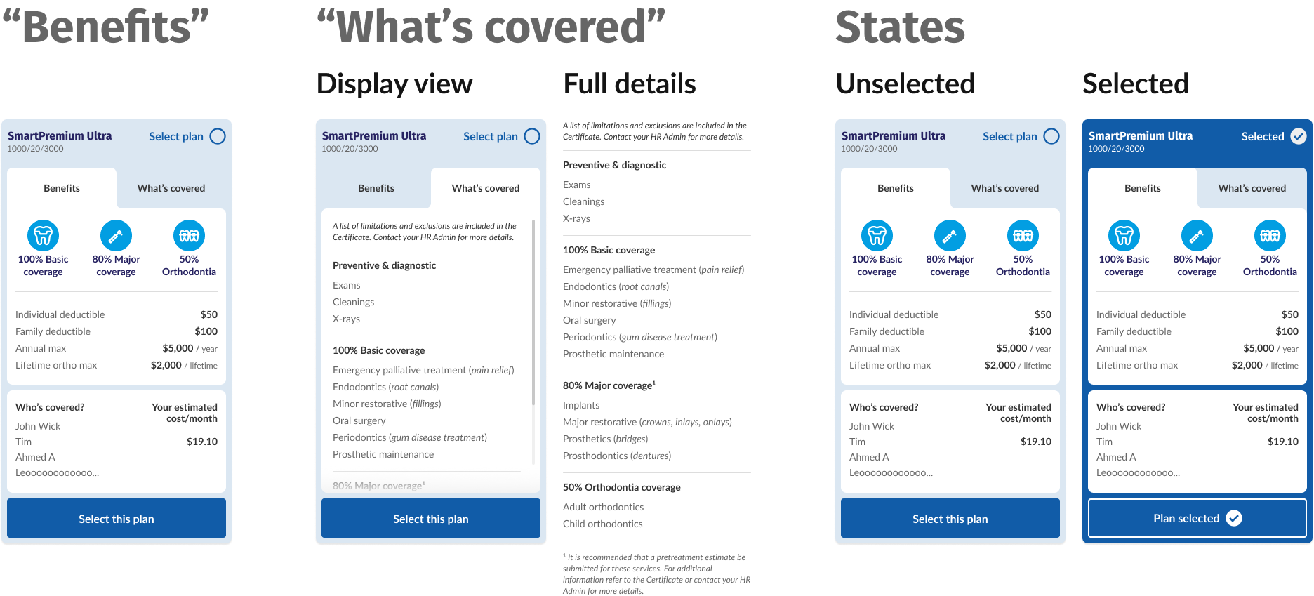 final design sample of the plan cards, including what the 'benefits' and 'what's covered' tabs look like, what content they include, and the unselected vs selected states