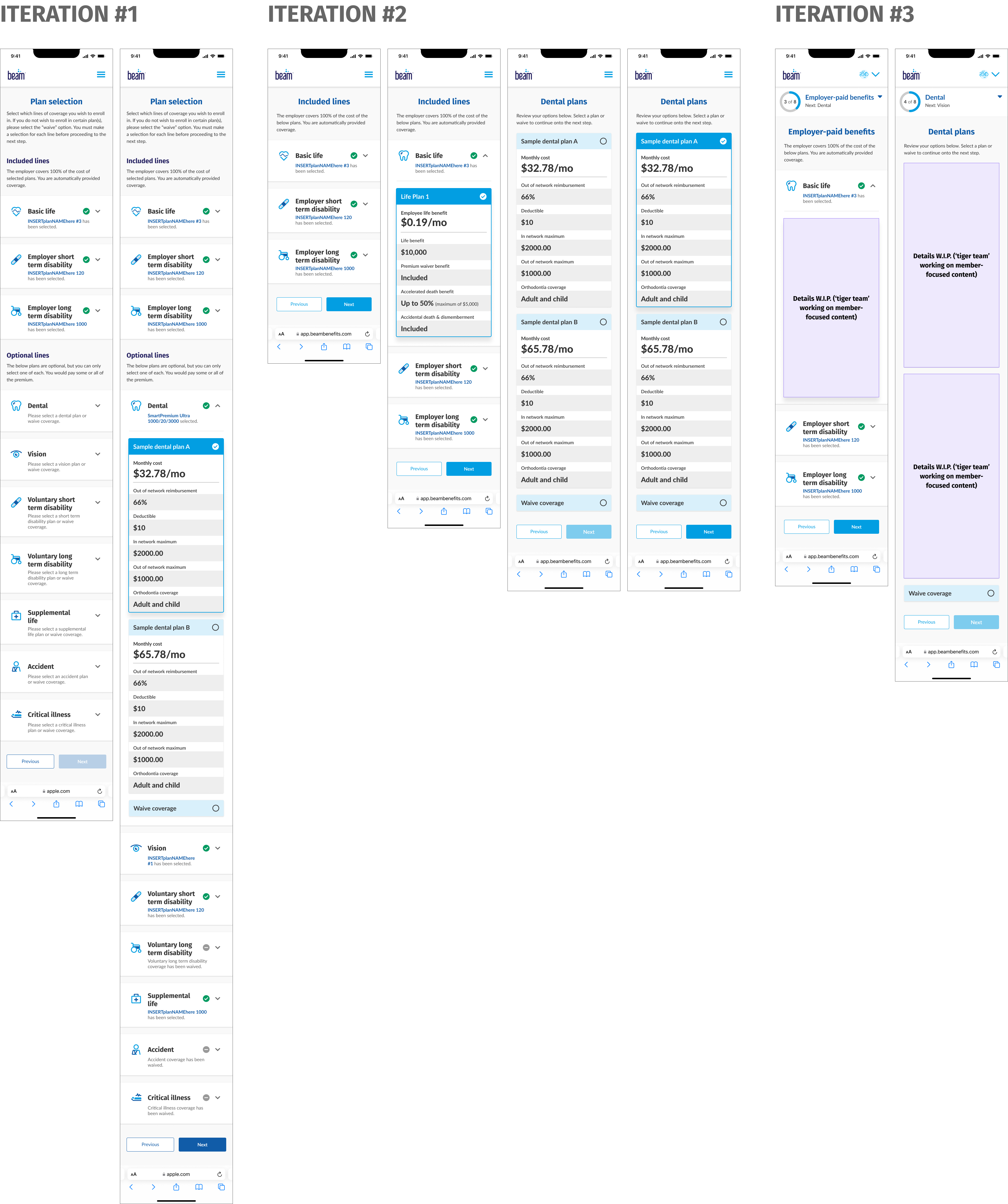 The first 3 sets of iterations for the mobile design of BeamElect's plan enrollment flow
