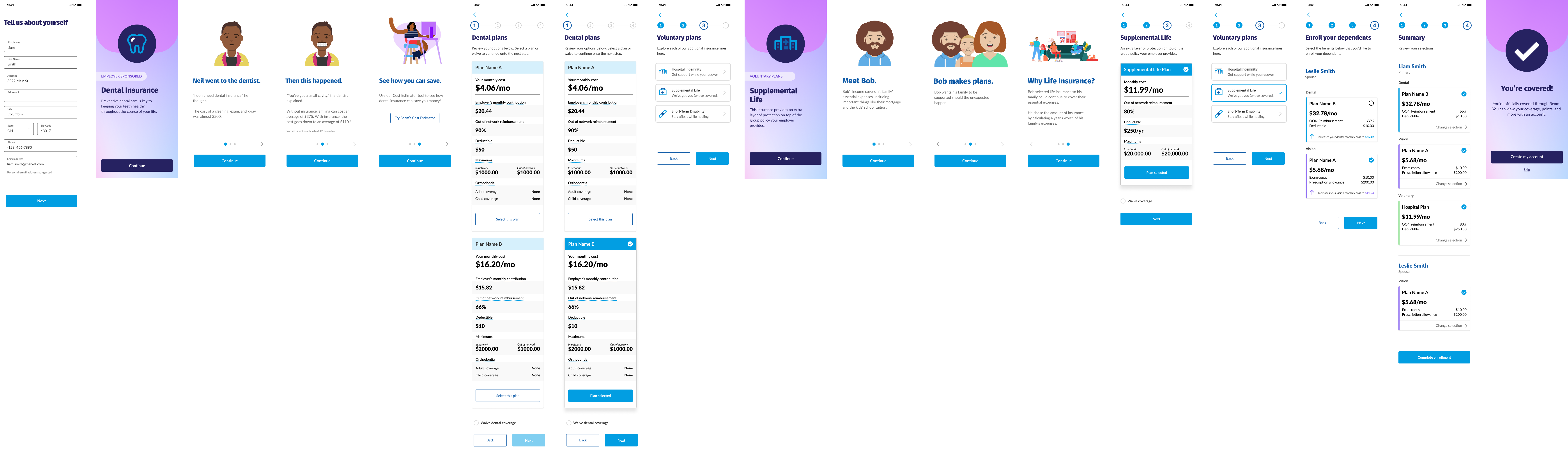 sample screens of the benefit enrollment concept for Beam's Q3 2023 hackathon