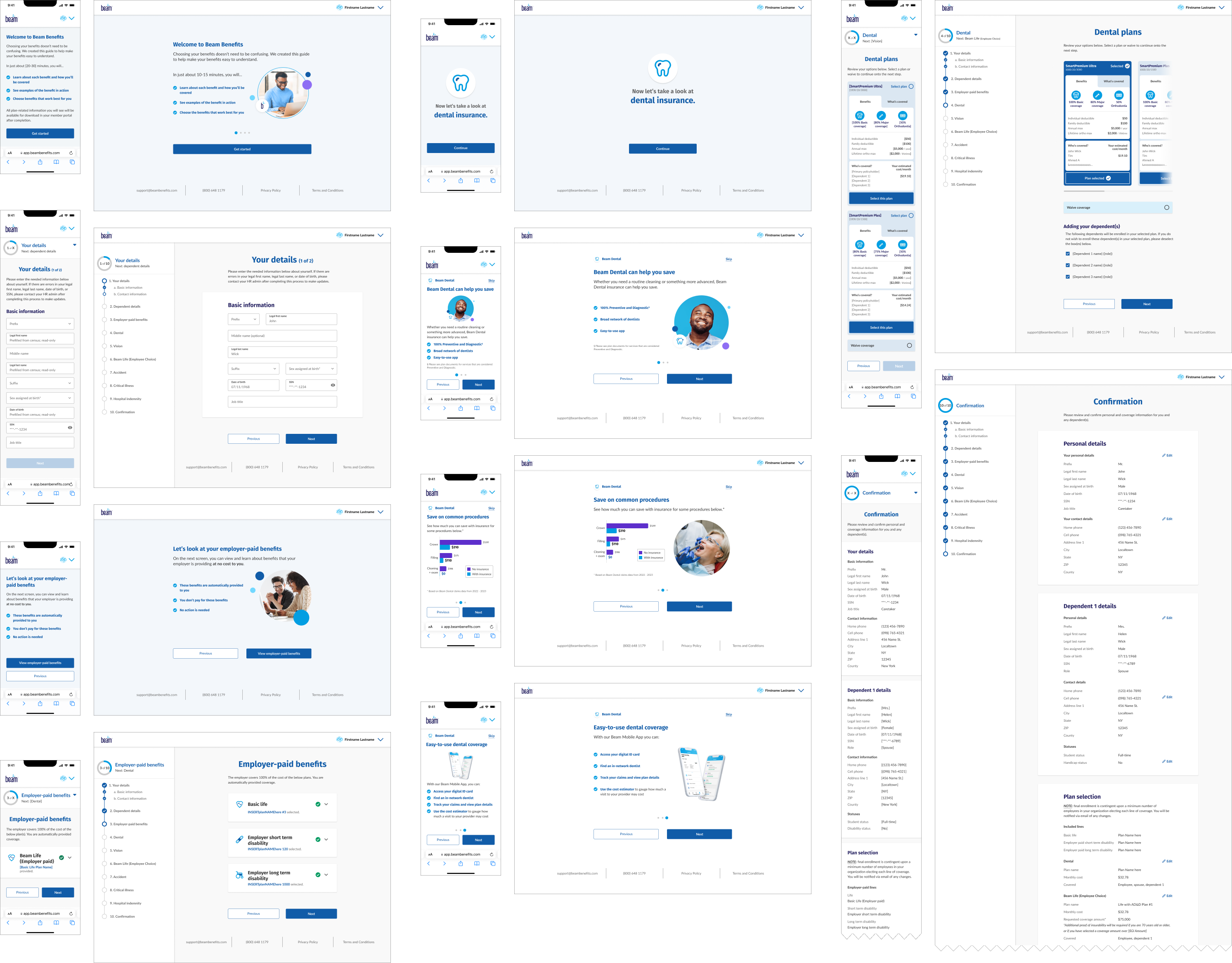 sample high-fidelity desktop and mobile screens of the full BeamElect experience, including plan selection, 'guided enrollment' carousels, intro and confirmation screens