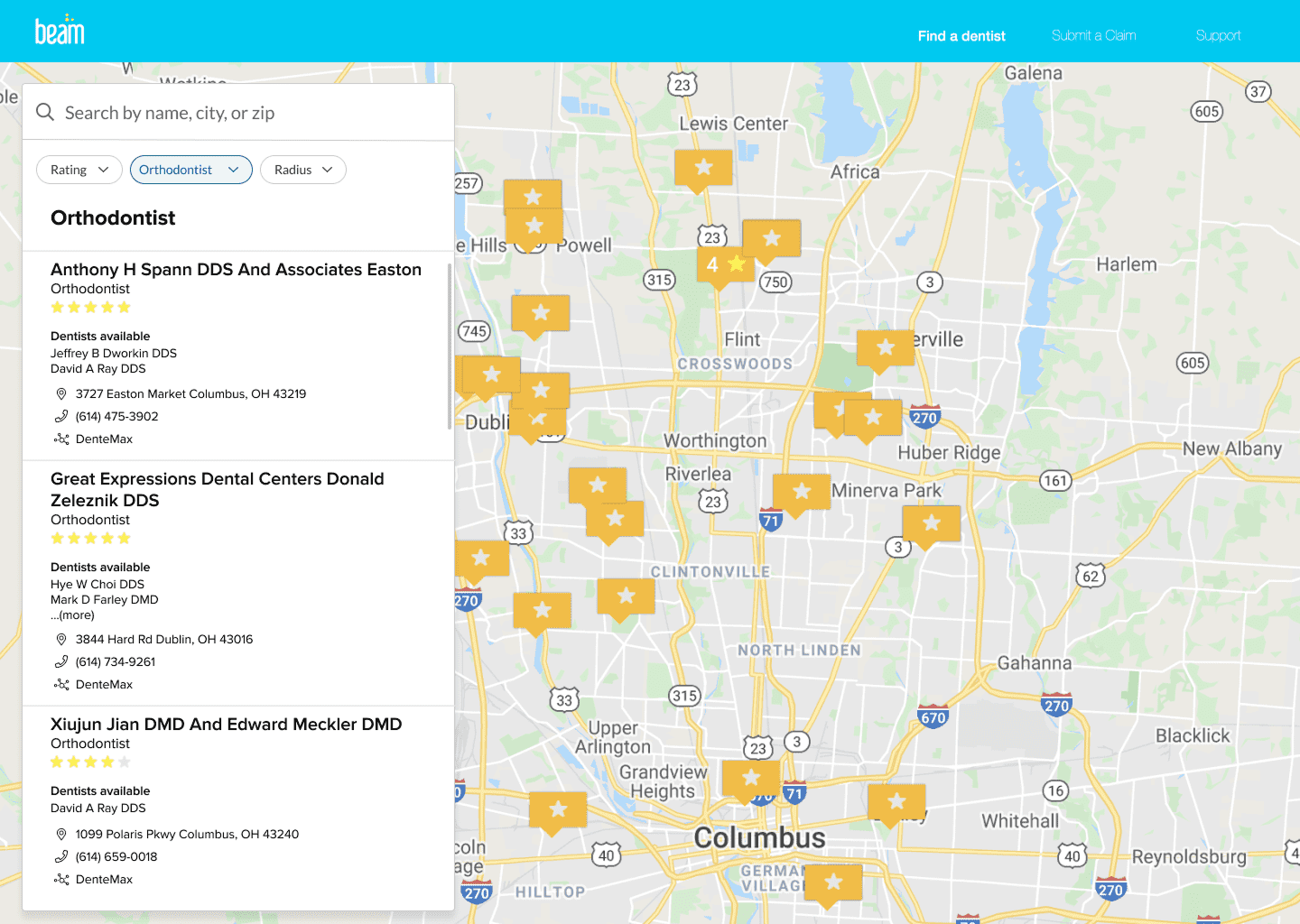 a screenshot of Beam's old Find a Dentist experience on desktop, showing a map view with basic search results and filters to the left, and a baby blue top nav bar with a white logo and text