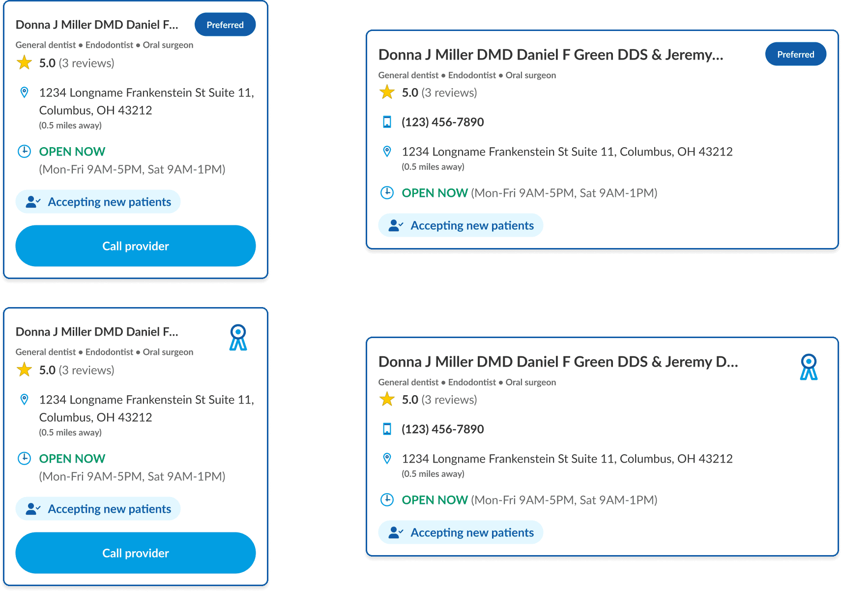 updated search result card redesign concepts for desktop and mobile, including ratings, accepting new patients, phone number, and office hours