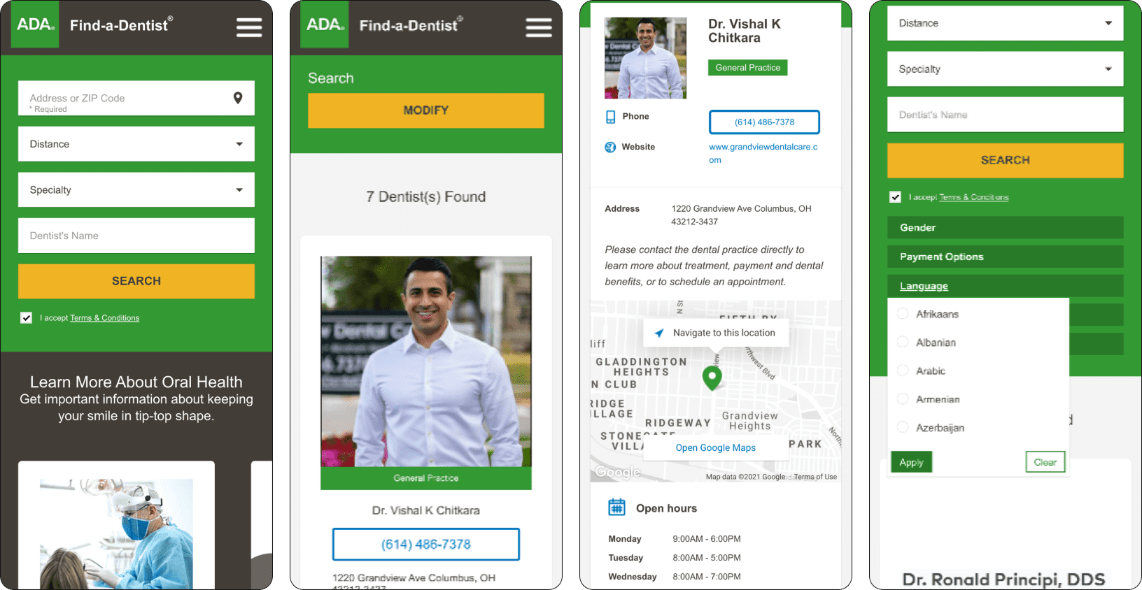 sample mobile screens of the A.D.A. (American Dental Association) provider search experience from 2021