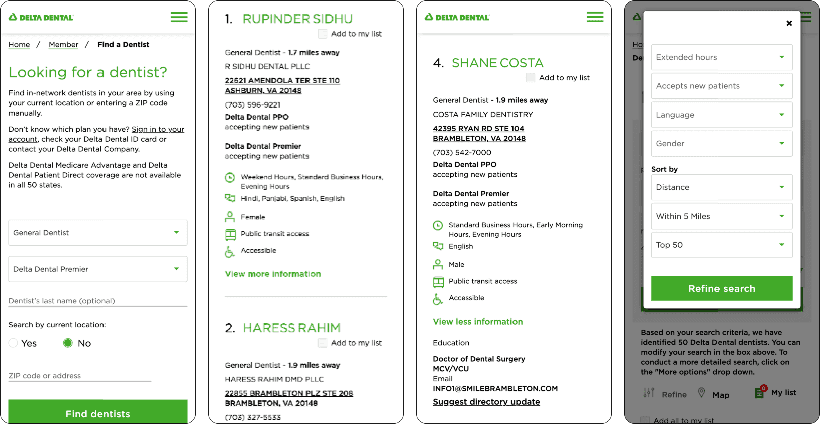 sample mobile screens of the Delta Dental provider search experience from 2021