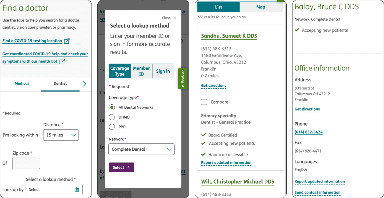 sample mobile screens of the Humana provider search experience from 2021