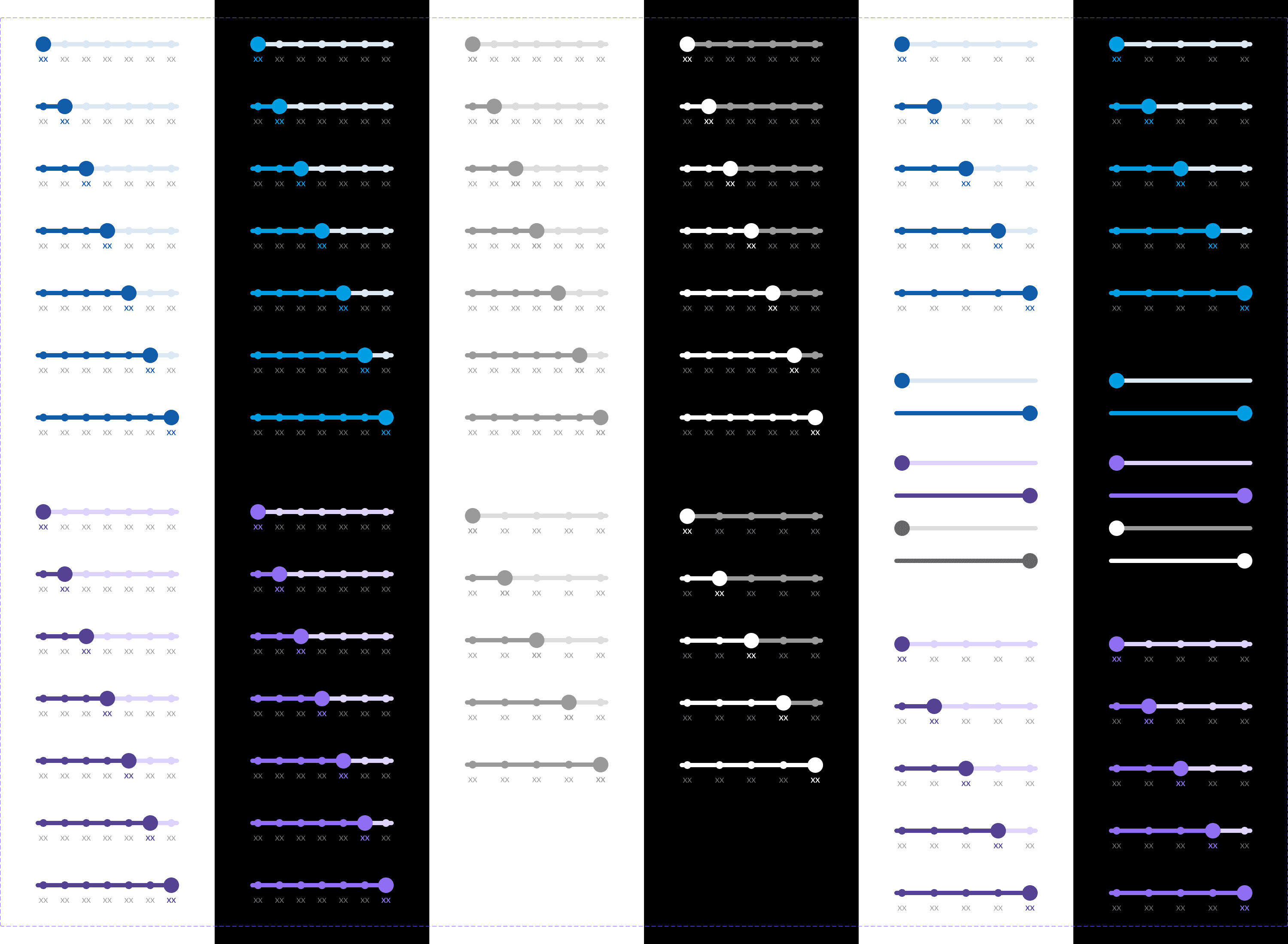a slider component set I created for the design system, using various styling (e.g. ticks vs no ticks), brand colors (shares of blue and purple), as well as light and dark mode versions