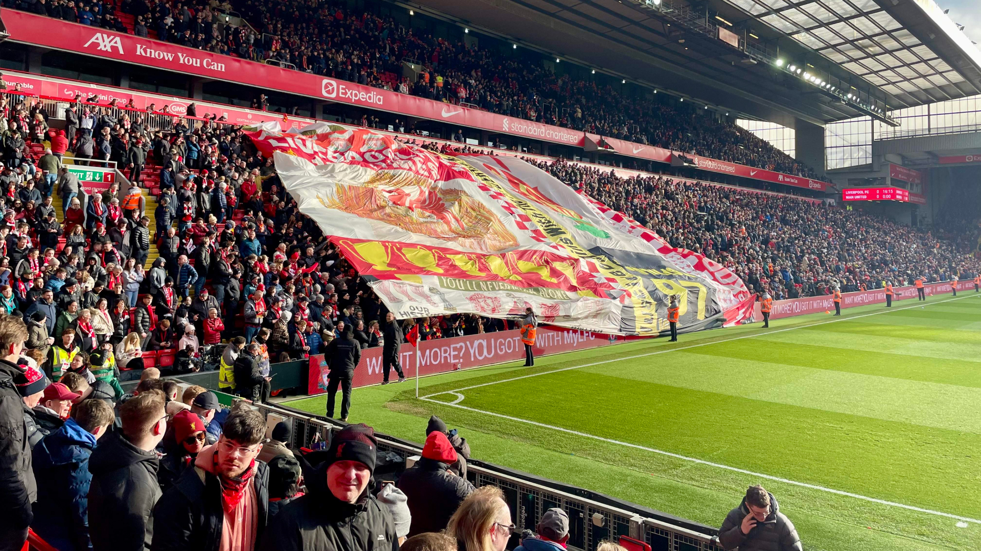 Tifo being passed through the crowd at Anfield Stadium, Liverpool